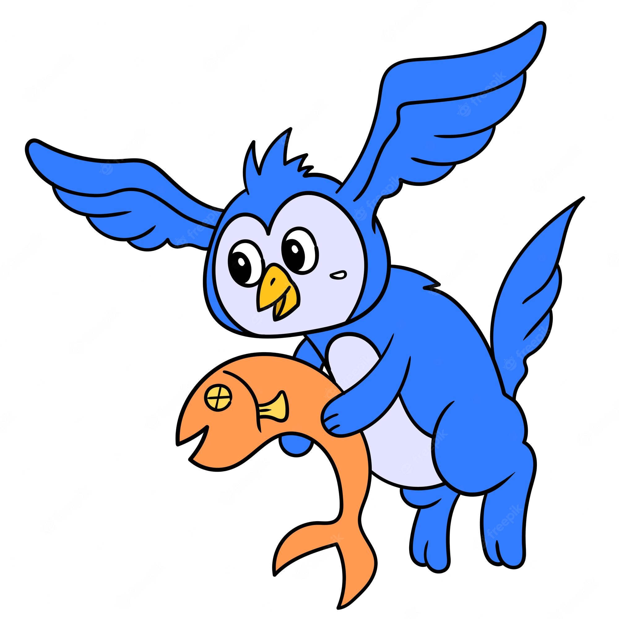 Blue cartoon owl flying while holding an orange fish in its talons, wings spread wide and eyes wide open.