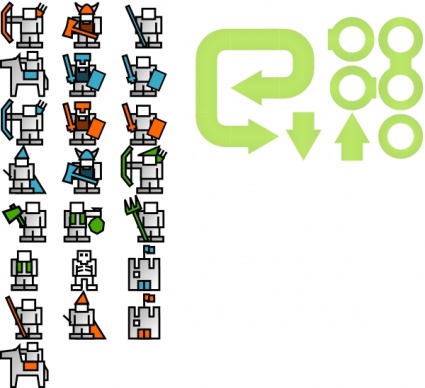Grid of colorful robot and tool icons alongside green circular flow and recycling symbols.