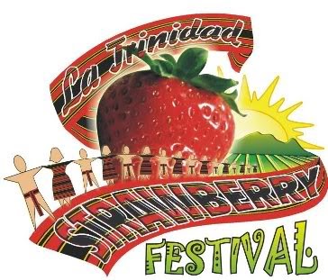 La Trinidad Strawberry Festival logo featuring a large strawberry, dancing figures, sun, and mountain backdrop.
