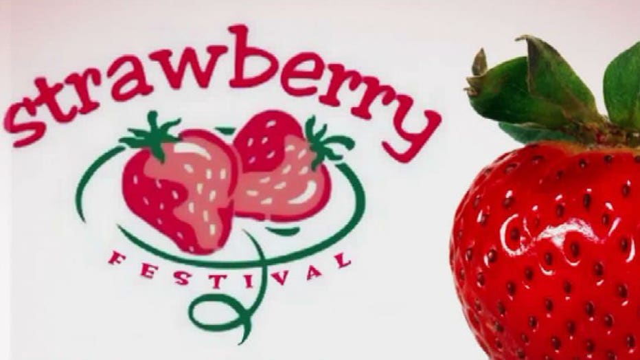 Strawberry Festival logo with illustrated berries and a fresh real strawberry beside it.