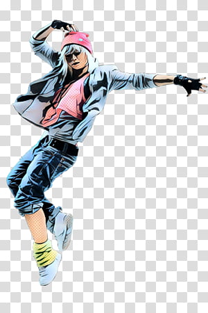 Dynamic street dancer mid-air in urban outfit with pink beanie, denim jacket, and bright sneakers.