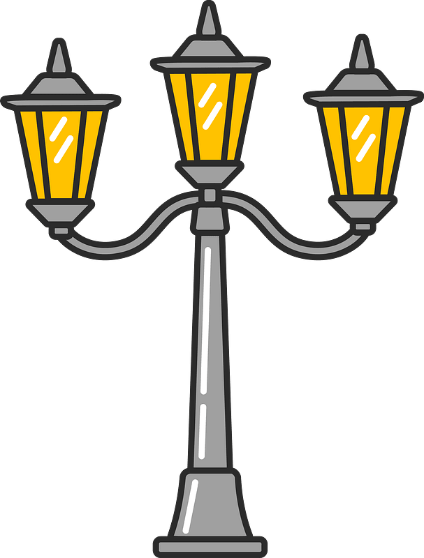 Vintage-style three-lamp streetlight with glowing yellow lanterns on a gray pole against teal background.