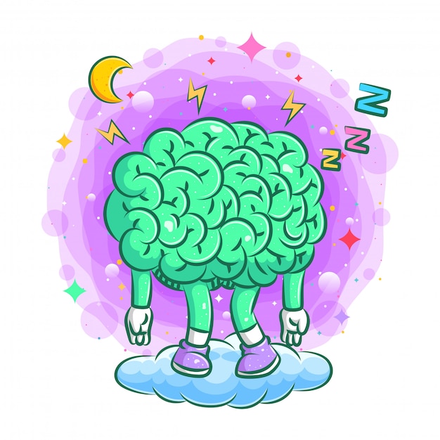 A cartoon green brain with arms, legs, and sneakers standing on a cloud, surrounded by stars, lightning, a crescent moon, and ZZZ sleep symbols.