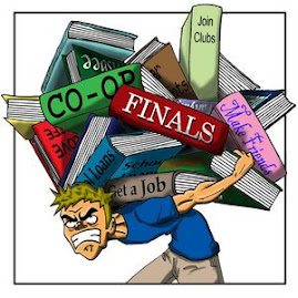 Stressed student struggling under a pile of books labeled "FINALS", "CO-OP", "Job Clubs", and "Get a Job".