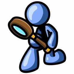 Blue cartoon figure holding a magnifying glass, symbolizing search, investigation, or analysis.