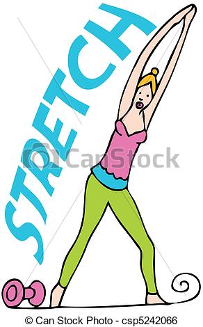 Woman stretching upward with dumbbells nearby, illustrated in bright colors with "STRETCH" text.