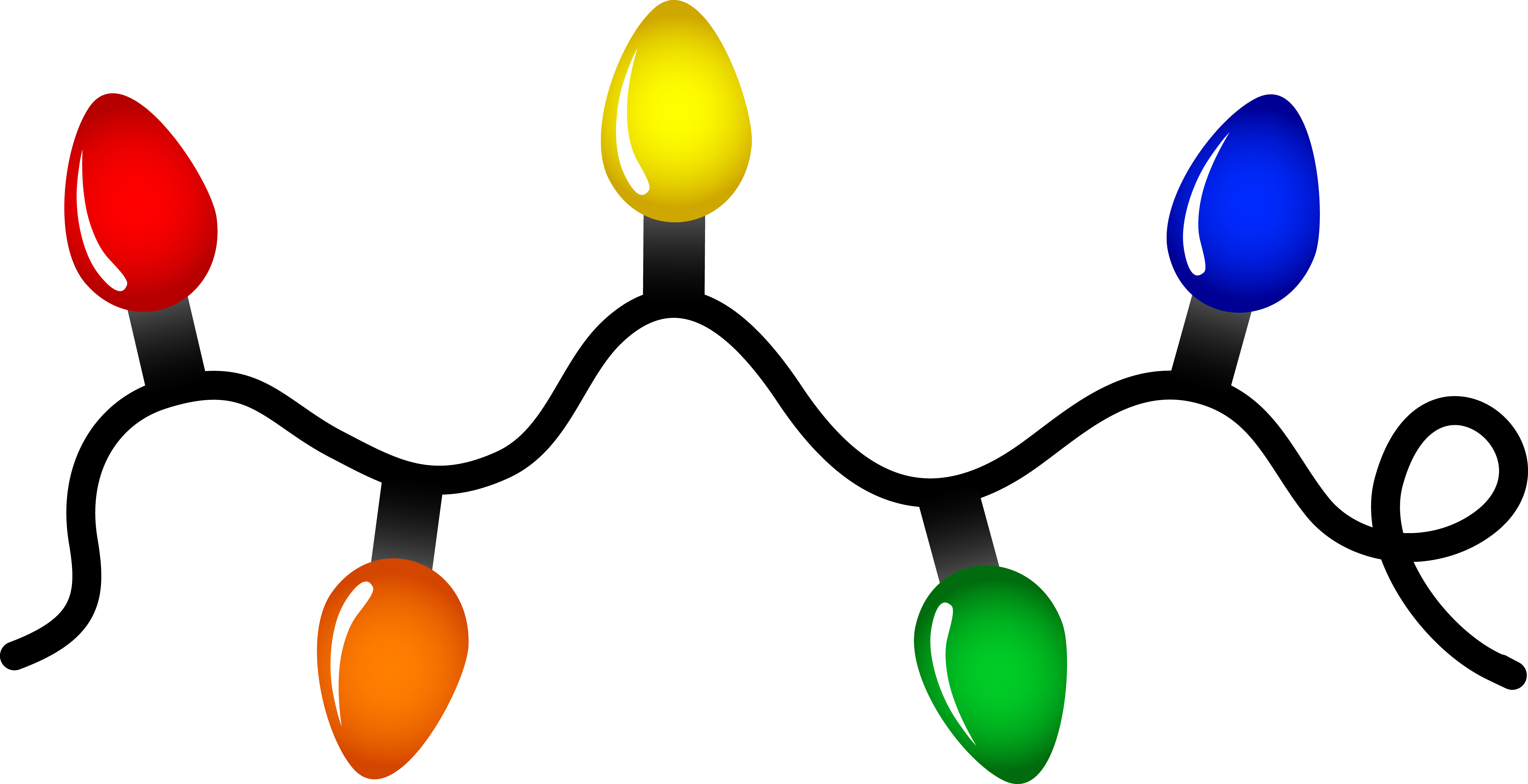 Five colorful spiral LED Christmas lights-red, orange, yellow, green, and blue-mounted on black bases against a black background.