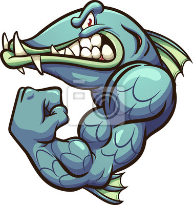 Muscular cartoon crocodile with sharp teeth and flexed biceps, in aggressive pose.