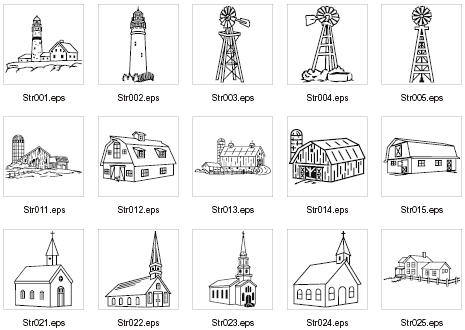 Collection of 15 black-and-white line drawings: lighthouses, windmills, barns, and churches labeled Str001-Str025.