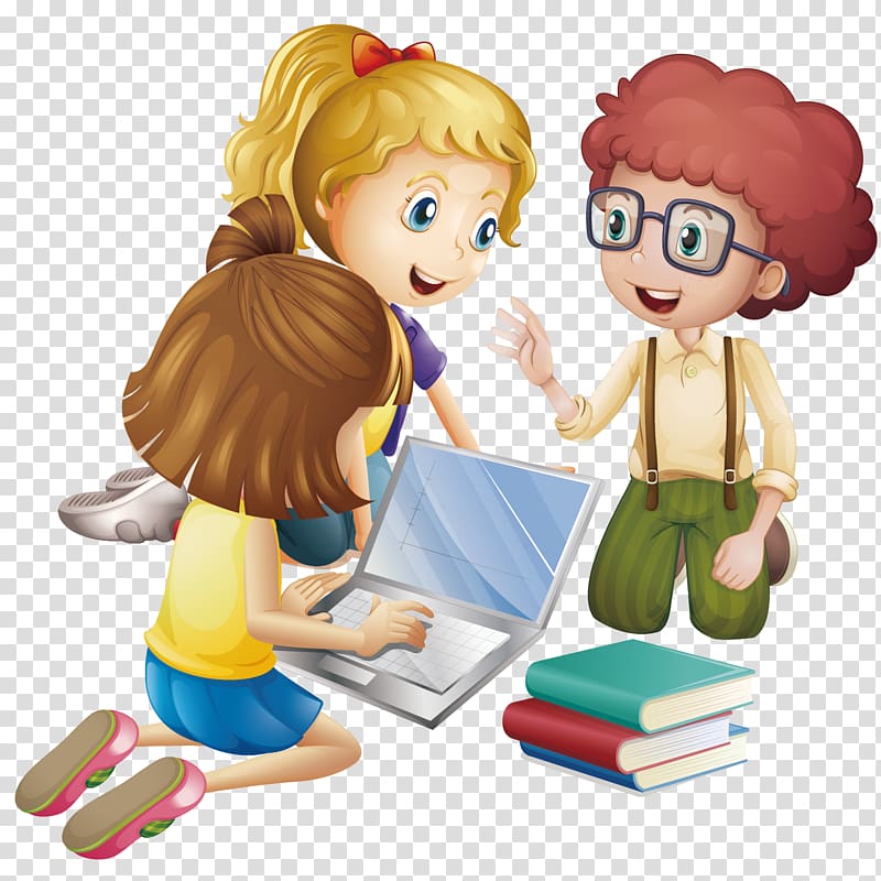 Three diverse children collaborating around a laptop with books nearby, smiling and engaged in learning.