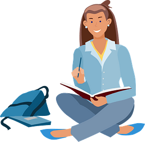 A smiling woman with brown hair sits cross-legged, writing in a notebook beside a blue backpack.