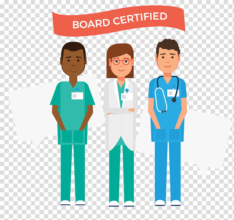 Three diverse board-certified medical professionals-nurse, doctor, and clinician-standing together under a "Board Certified" banner.