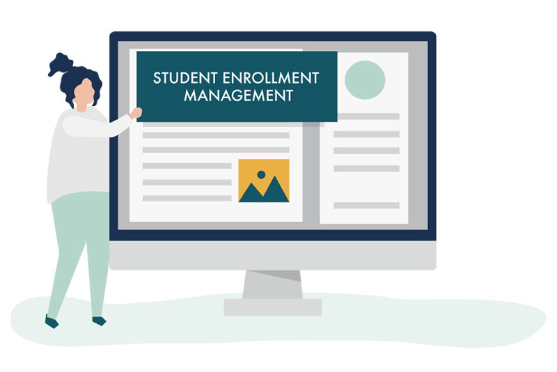 A person interacting with a large monitor displaying "Student Enrollment Management" interface.