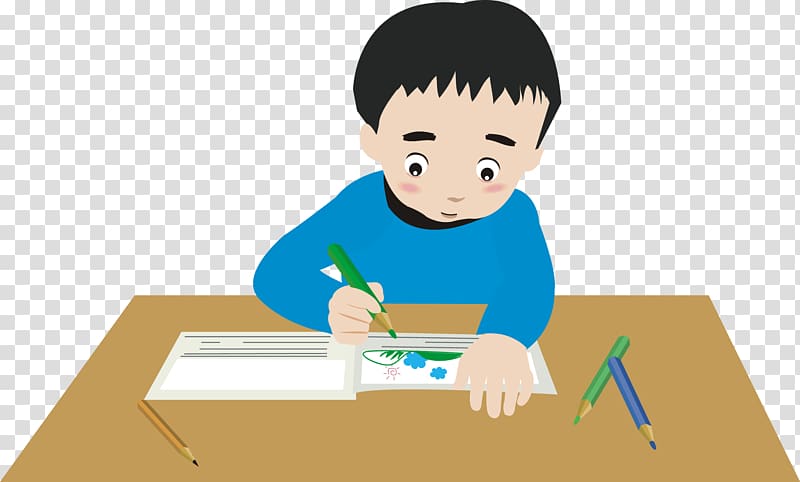 A young boy in a blue shirt draws with a green pencil on paper at a wooden desk, surrounded by colored pencils.