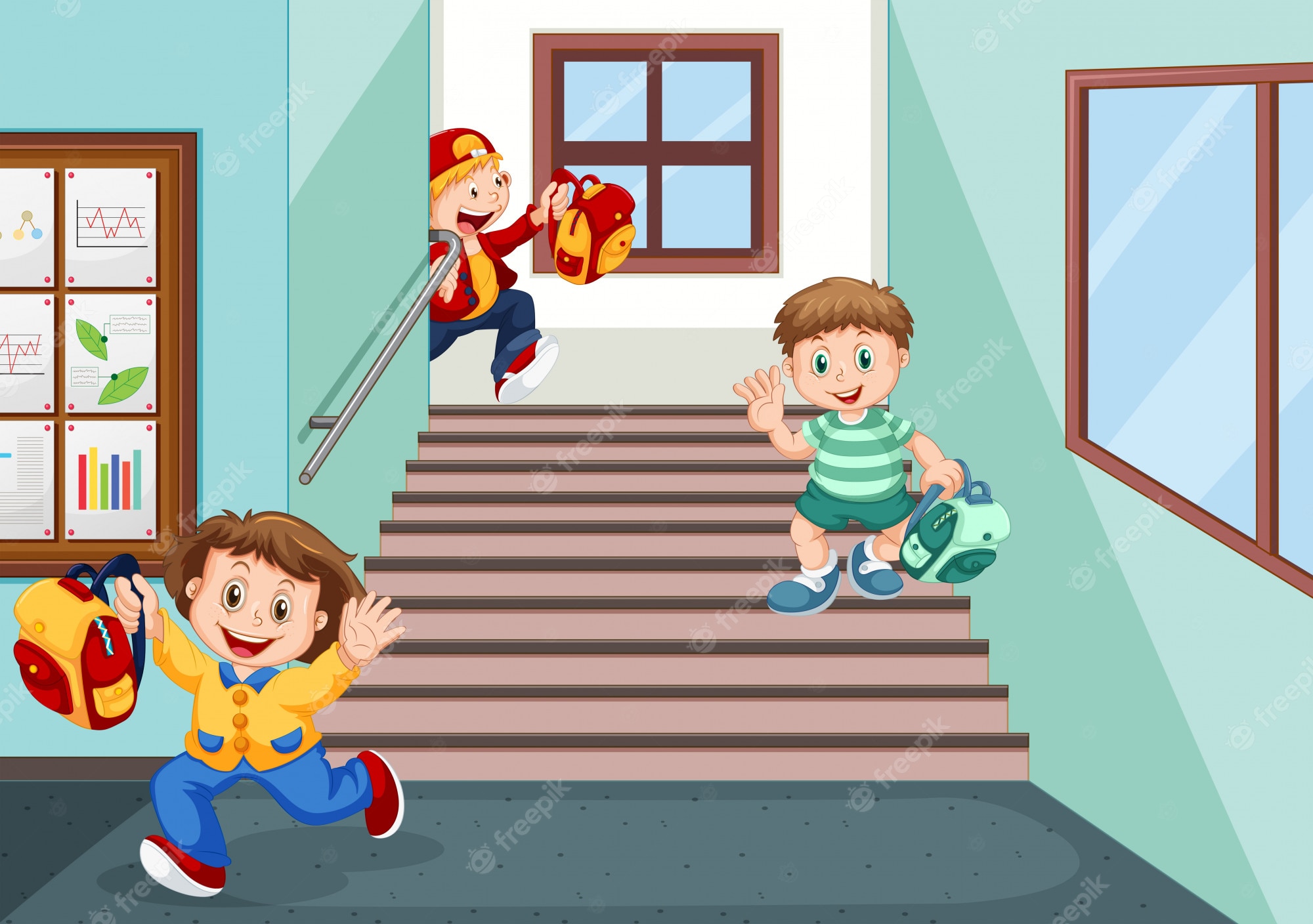 Three cheerful boys with backpacks waving while descending school stairs in a bright hallway.