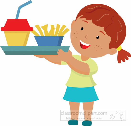 Smiling girl holding a tray with fast food: fries, drink, and snack cup.