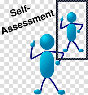 Blue stick figure pointing at itself while looking in a mirror labeled "Self-Assessment"