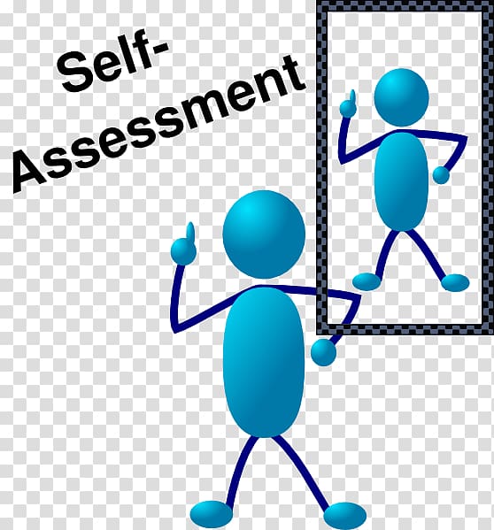 Blue stick figure pointing at mirror reflection labeled "Self-Assessment"