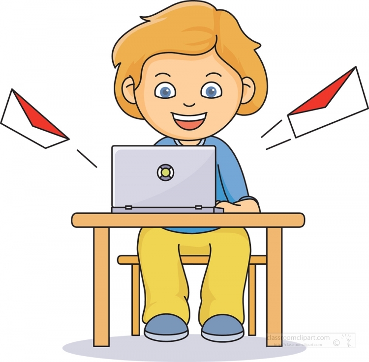 Happy child using laptop with flying email envelopes, symbolizing digital communication or online learning.