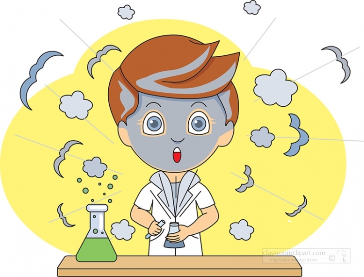 A cartoon scientist with gray face mask, holding beakers, surrounded by smoke and bats against yellow background.