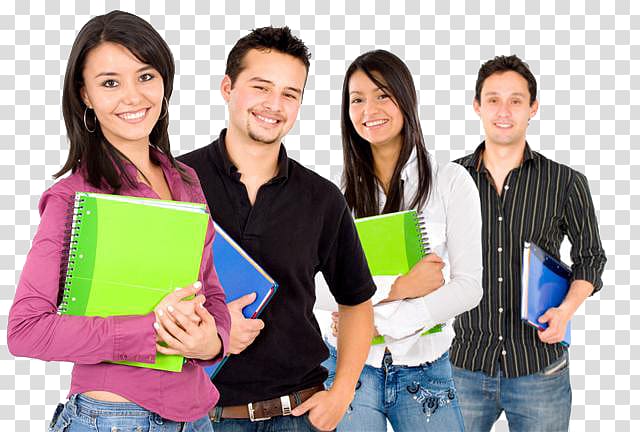 Four smiling students holding colorful notebooks, posing confidently in casual attire against a transparent background.