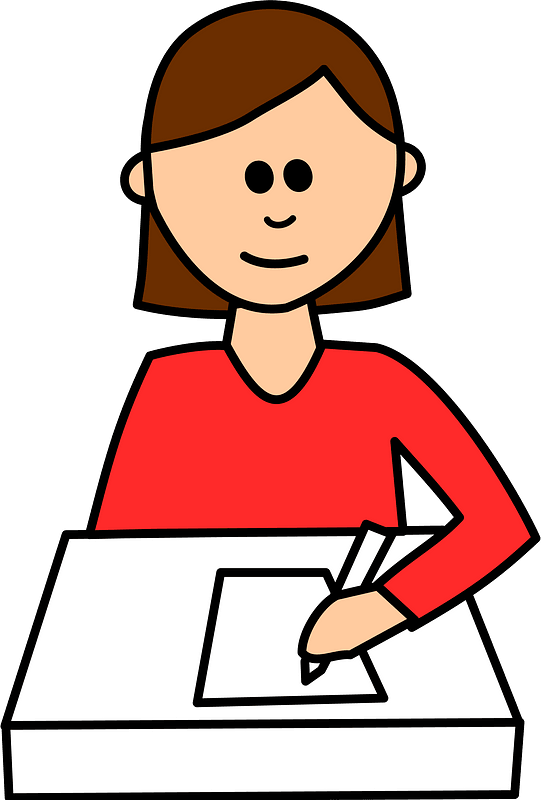 Woman in red shirt writing on paper at a desk, cartoon illustration.