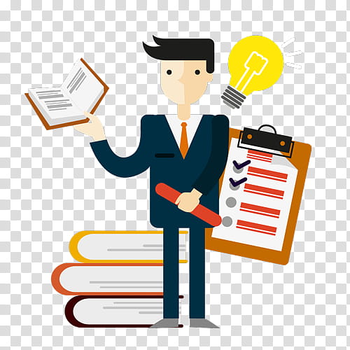 Business professional holding book, clipboard with checklist, and lightbulb idea icon, standing beside stacked books.