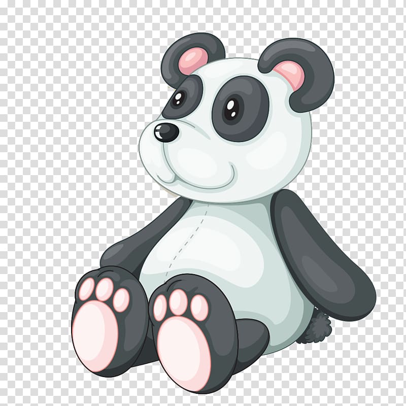 Cute cartoon panda sitting with pink paw pads and smiling face on transparent background.