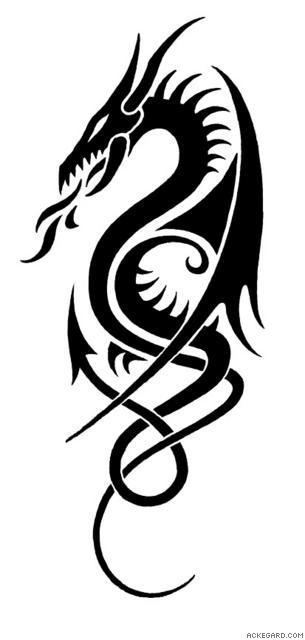 Black tribal-style dragon tattoo design with flowing curves and sharp details on white background.