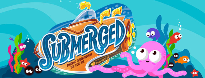 Colorful underwater scene with a submarine, pink octopus, fish, and seaweed; title "SUBMERGED" with tagline "Finding Truth Below the Surface".