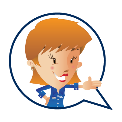 Smiling cartoon woman with orange hair in blue uniform, gesturing inside speech bubble.