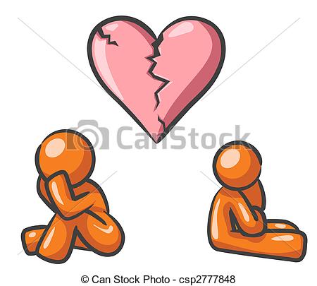 Two orange stick figures sitting apart with a broken pink heart above them, symbolizing heartbreak or relationship separation.