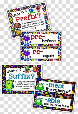 Educational flashcards teaching prefixes and suffixes with colorful cartoon characters and examples like "pre-", "re-", "-ment", "-able".
