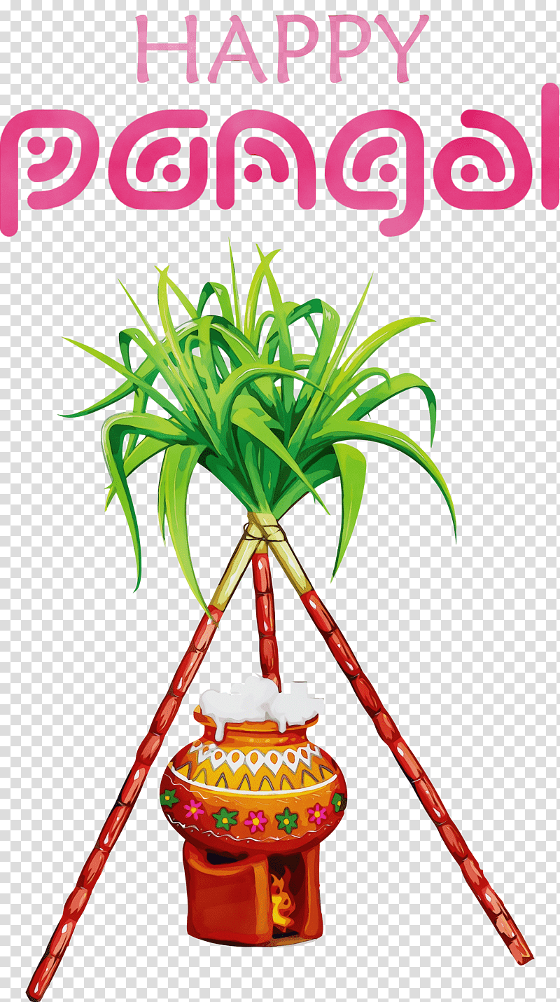 Illustrated Pongal festival scene with sugarcane, decorated pot, and boiling milk over clay stove.