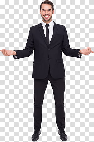 Smiling man in black suit with open arms, standing against transparent background.