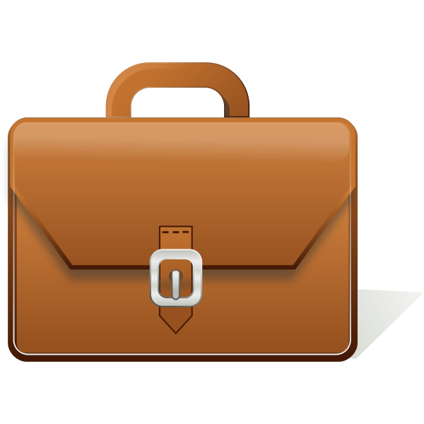 Brown leather briefcase with silver buckle and top handle, clean vector-style illustration.