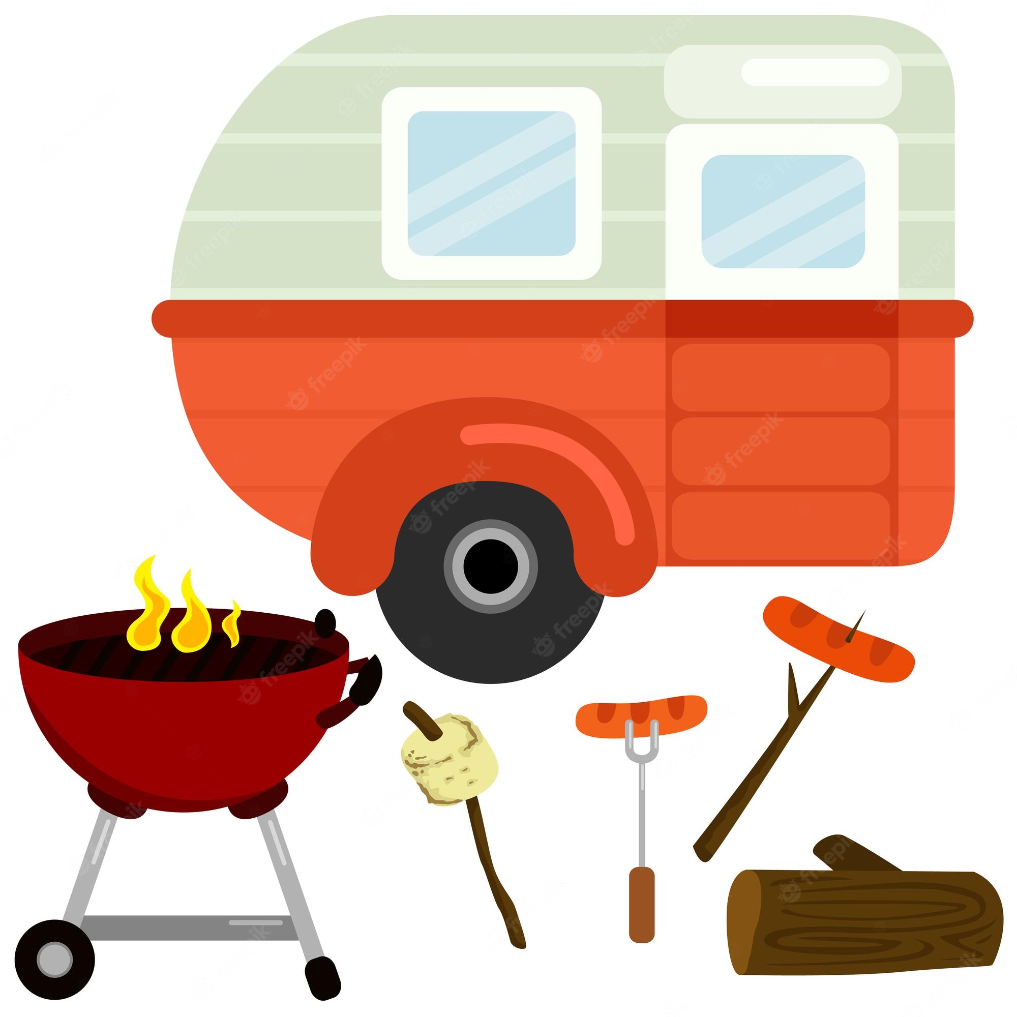 Retro camper trailer with grill, marshmallow, hot dogs, logs, and roasting sticks for a classic outdoor camping scene.