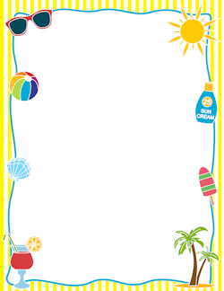 Colorful summer-themed border with sunglasses, beach ball, sun, sunscreen, popsicle, palm trees, cocktail, and seashell on striped background.