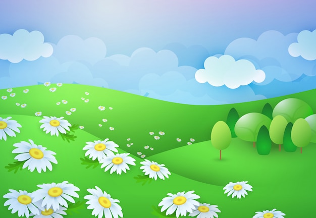 Serene green hills dotted with white daisies, fluffy clouds, and stylized trees under a soft blue sky.