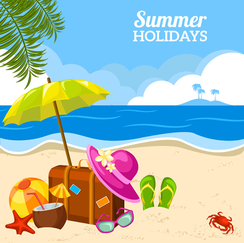 Summer beach scene with suitcase, umbrella, flip-flops, coconut drink, starfish, crab, and palm fronds under blue sky.