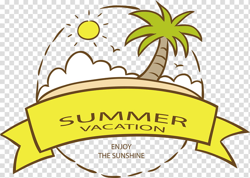Summer vacation banner with palm tree, sun, clouds, and ribbon reading "Summer Vacation - Enjoy the Sunshine"