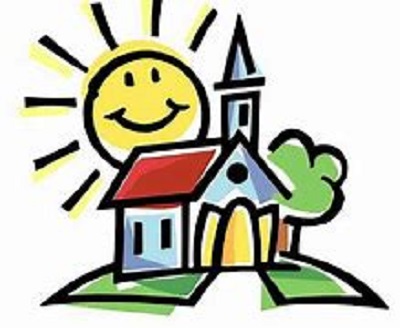 Cheerful cartoon school building with smiling sun, green hill, and tree-ideal for education or children's content.