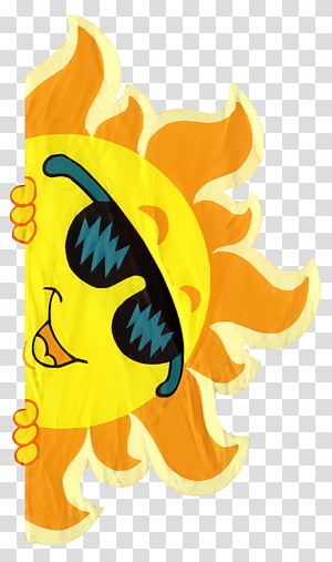Cheerful cartoon sun wearing sunglasses, peeking from behind with a smile and waving hands.