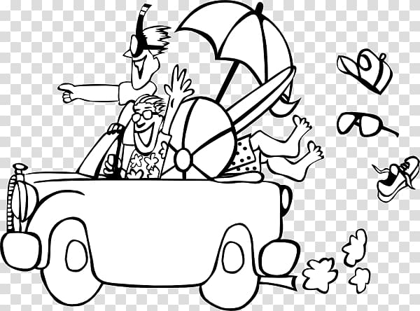 Cartoon family on a joyful road trip with beach gear flying out of their convertible car.