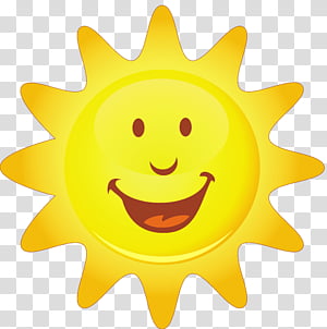 Cheerful yellow cartoon sun with smiling face and radiant rays on transparent background.