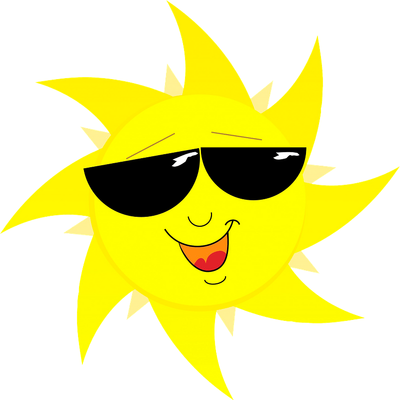 A cheerful yellow cartoon sun wearing black sunglasses and smiling widely against a gray background.