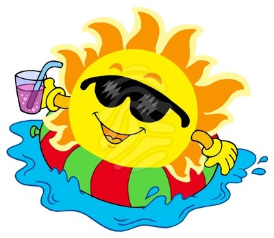 Cheerful sun wearing sunglasses, floating in water with a drink and inflatable ring.