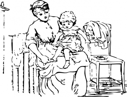 A woman sits on a chair holding a young child on her lap, with a small table and draped cloth nearby in a vintage line drawing.