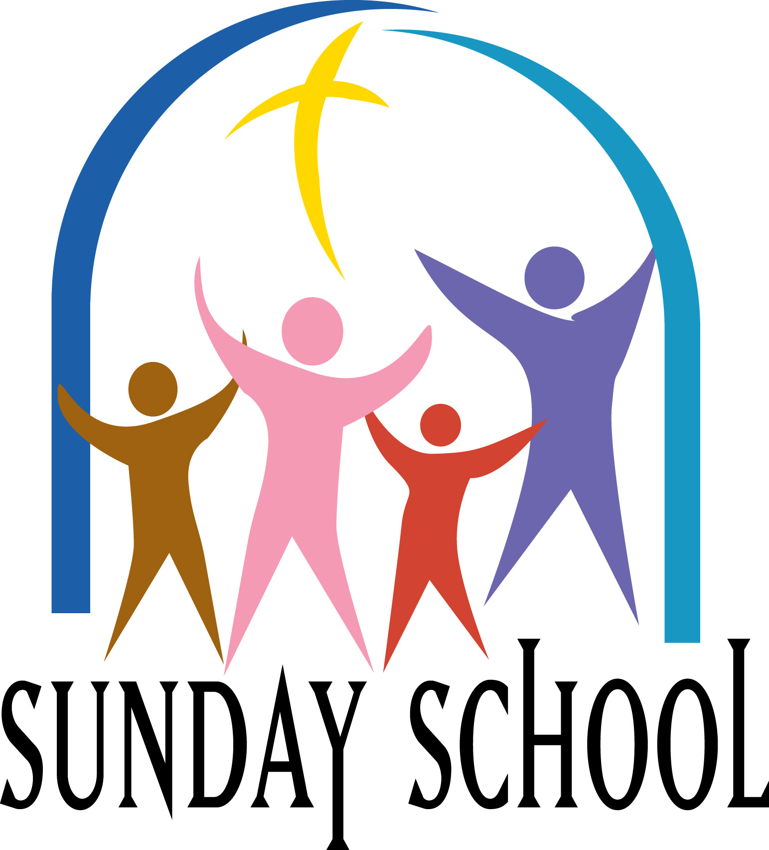 Colorful logo showing four diverse figures under an arch with a yellow cross, labeled "SUNDAY SCHOOL".