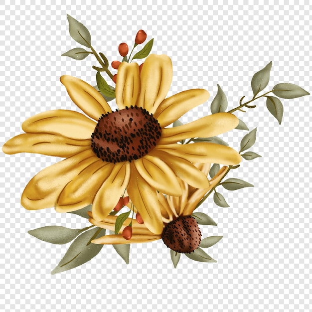 Hand-painted yellow daisy with brown center, green leaves, and red berries on transparent background.